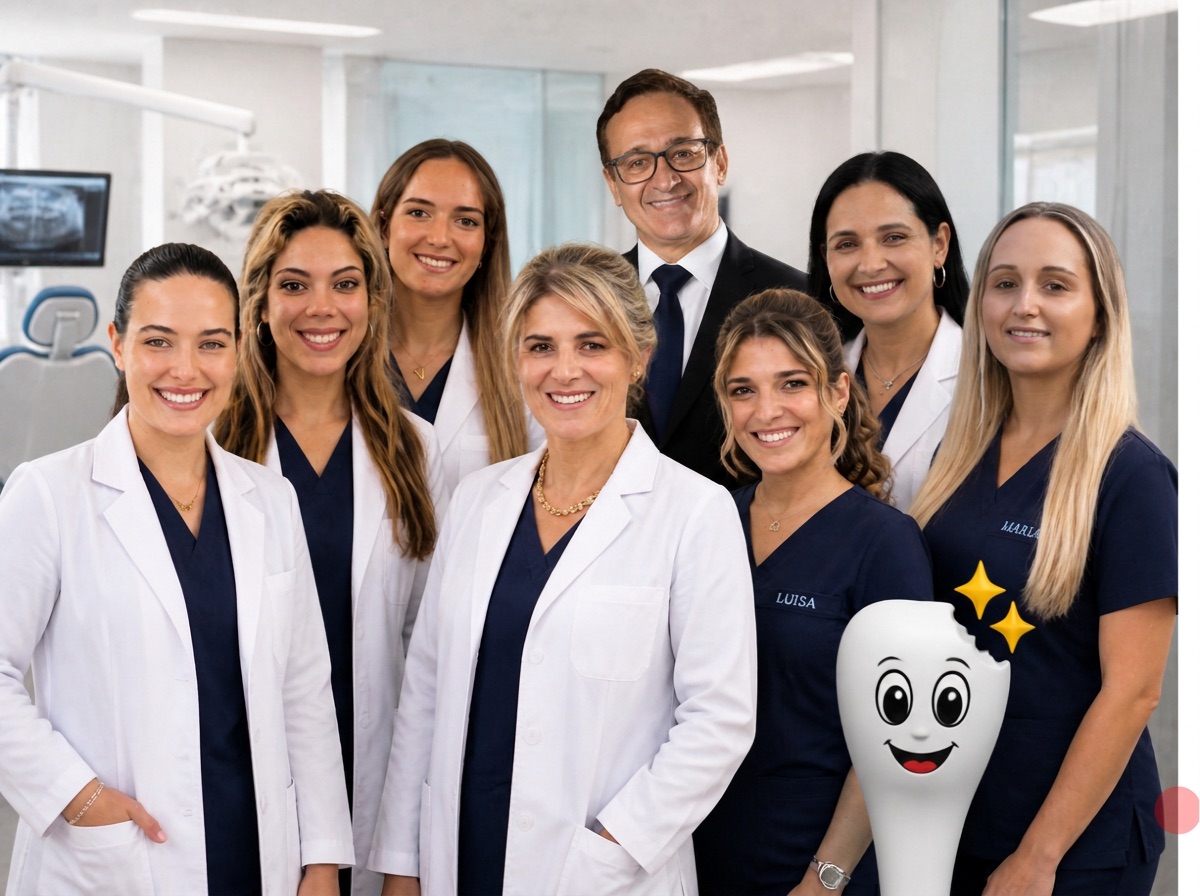 A equipa da O Meu Sorriso Clínicas — médicos dentistas e assistentes, com a mascote da clínica